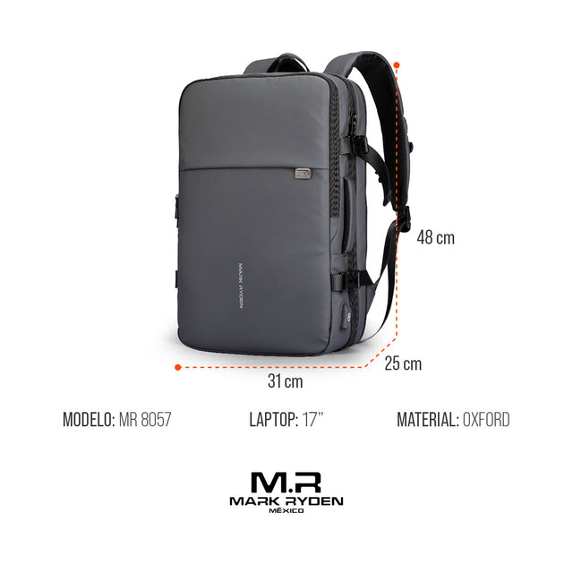 Mochila Expandible para Viaje y Laptop de 17” | Impermeable, Ergonómica y con Puerto USB 8057Y